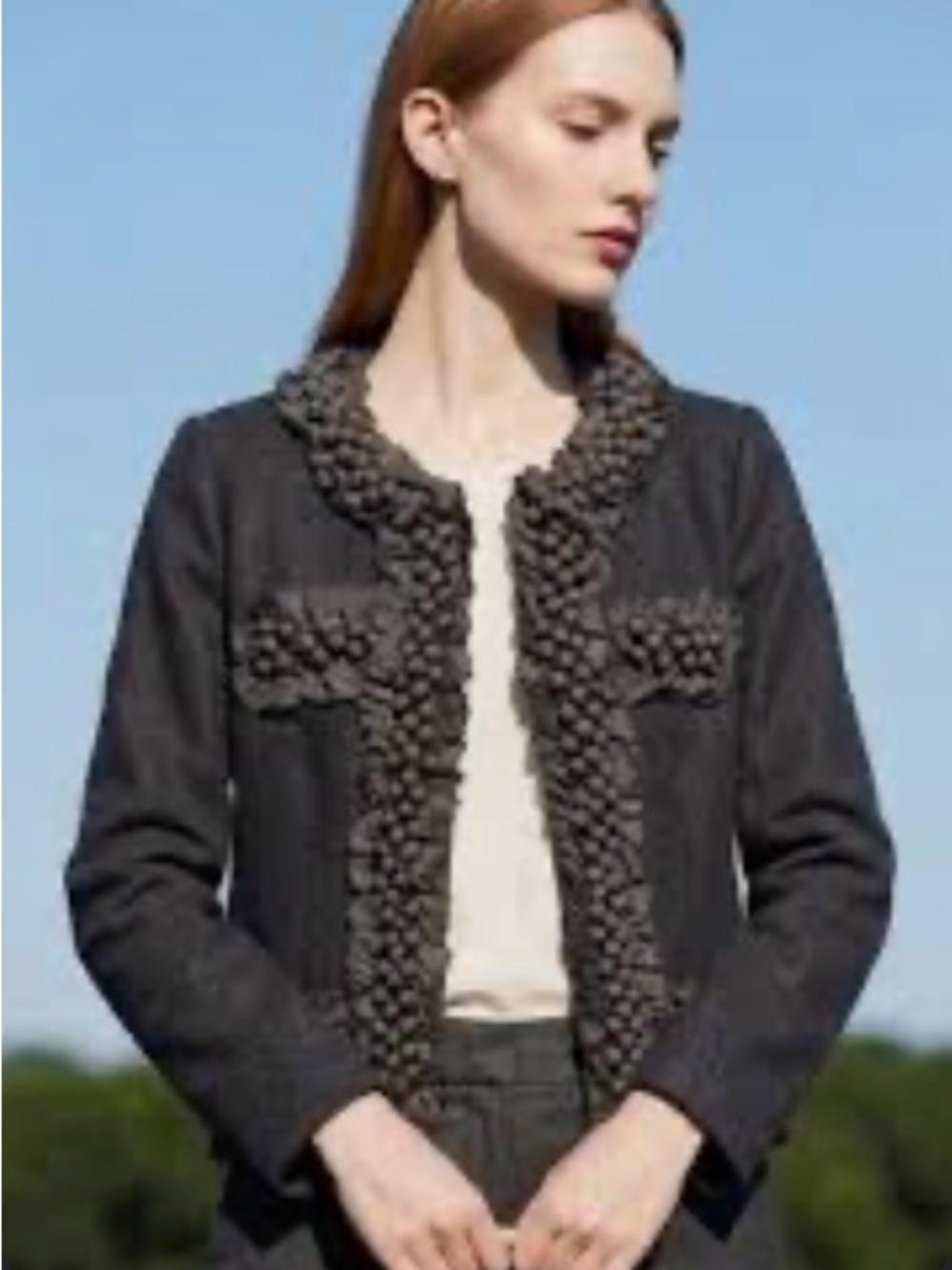Size 0 J. Crew Wool Blend Charcoal Crop Blazer with Berry/Pom-Pom Trim (ABBA)